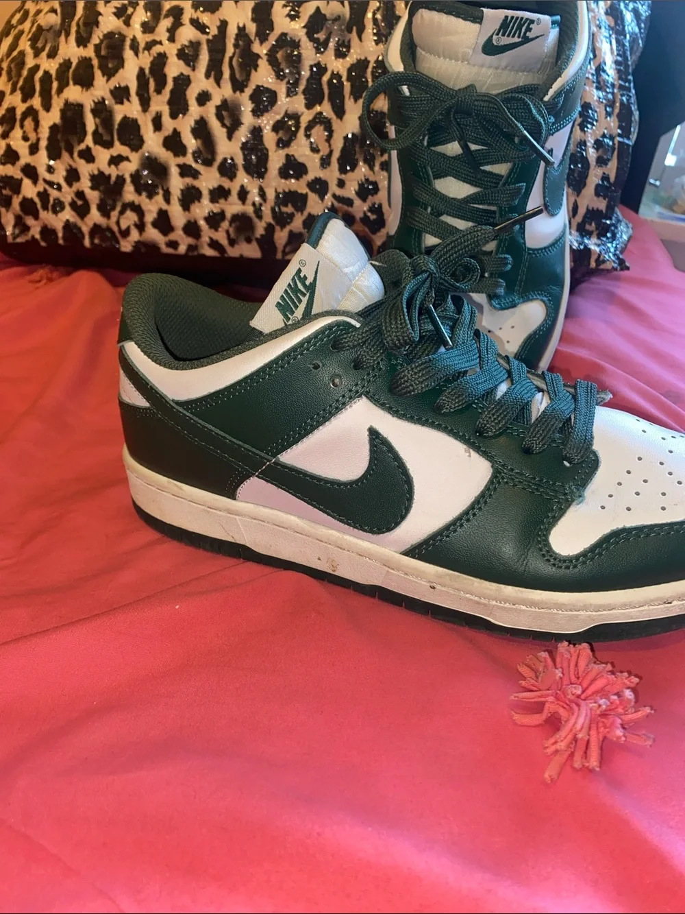 Nike Dunk Low in Dark Green, White, and Black (not original)